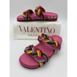 Valentino Rockstud Braided Slide Sandals Pink Rainbow Size 38 / 8